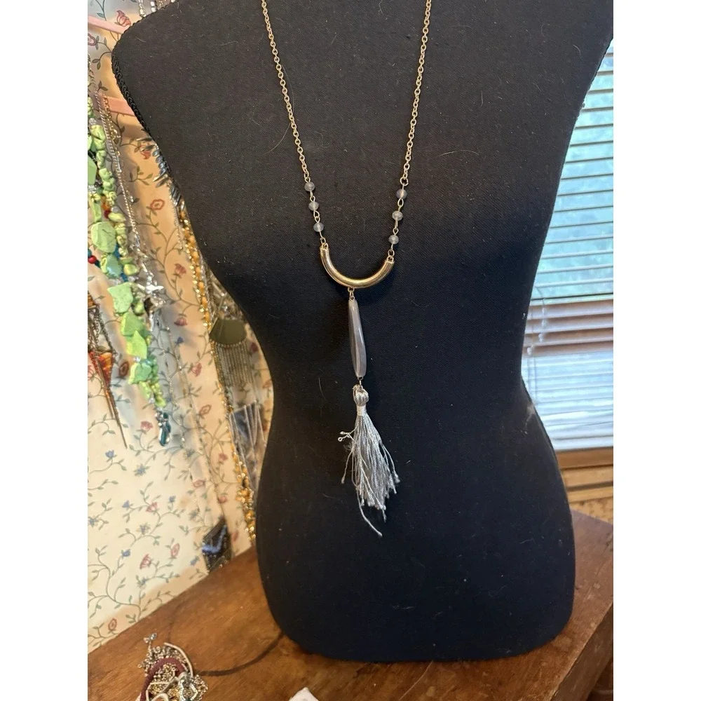 Boho Necklace Set Gray Tassel Wire Wrapped Stone Pendant Layered Jewelry Duo